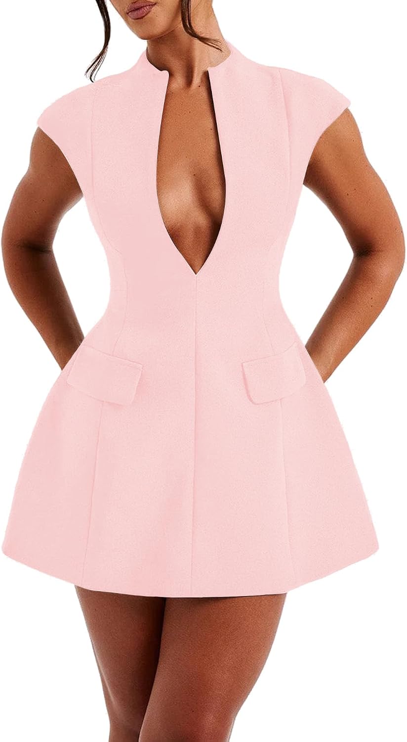Deep V-Neck Cap-Sleeve Zip A-Line Mini Dress in Pink