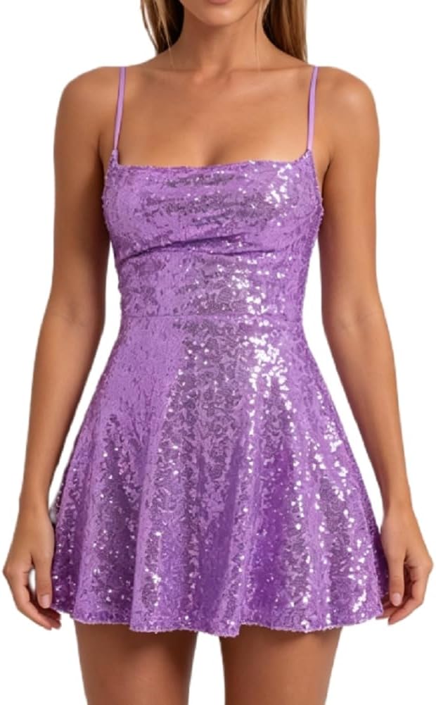 Sequin Spaghetti Strap Slip Mini Dress in E Purple