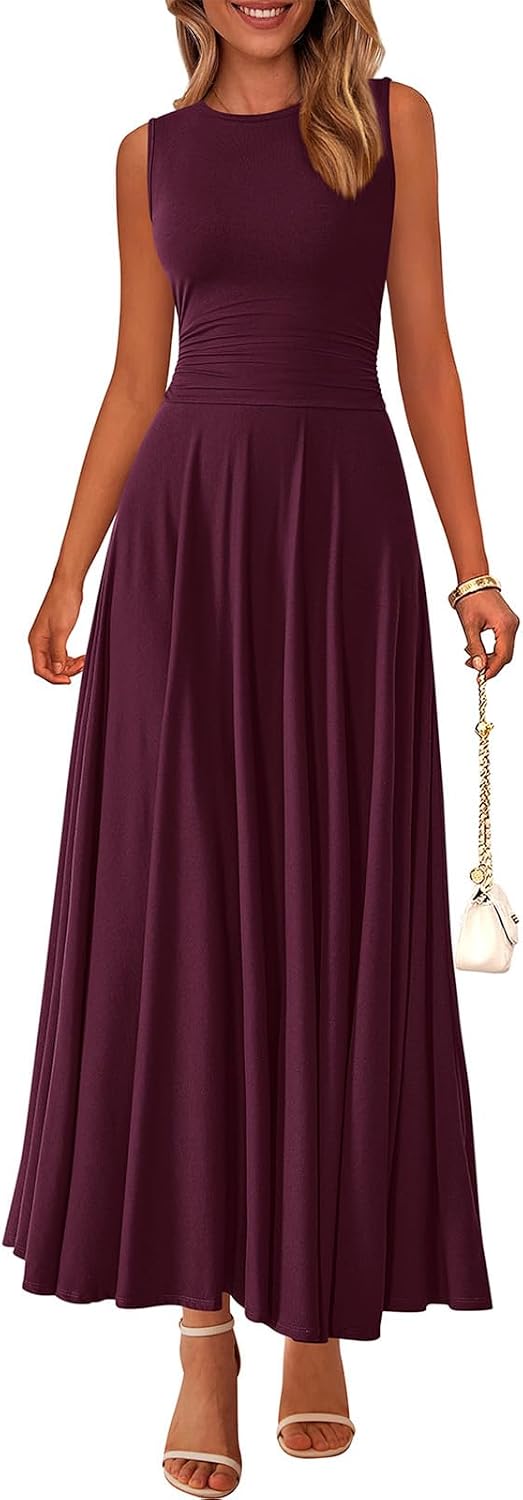 Rib Knit Crew-Neck Sleeveless A-Line Maxi Dress in Dark Burgundy