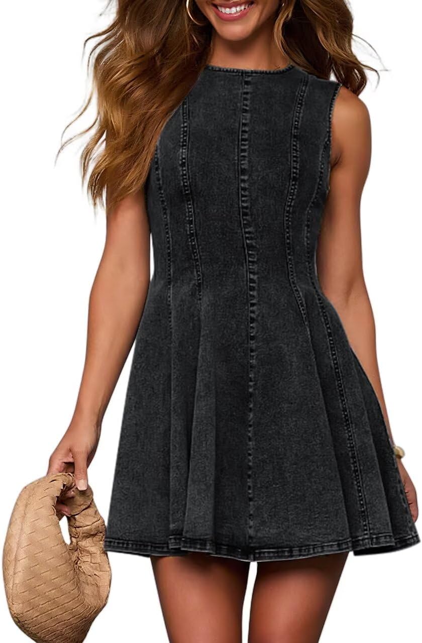 Sleeveless Denim Babydoll Mini Dress in Black