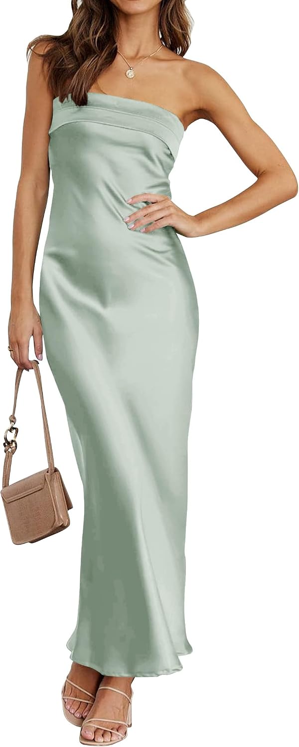 Satin Strapless Backless Bodycon Maxi Dress in Sage
