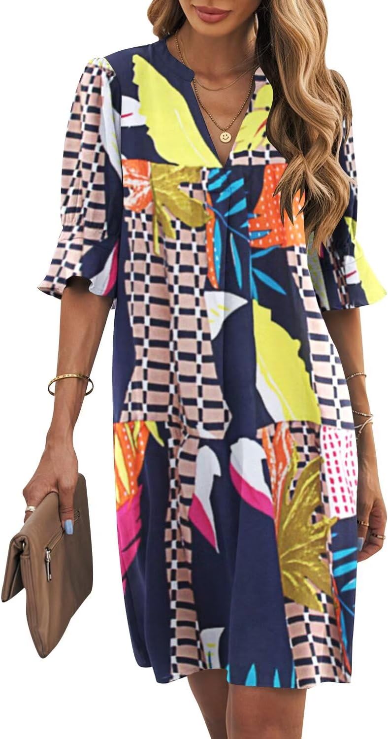 Ruffle-Sleeve V-Neck Swing Shift Mini Dress in Geometric print