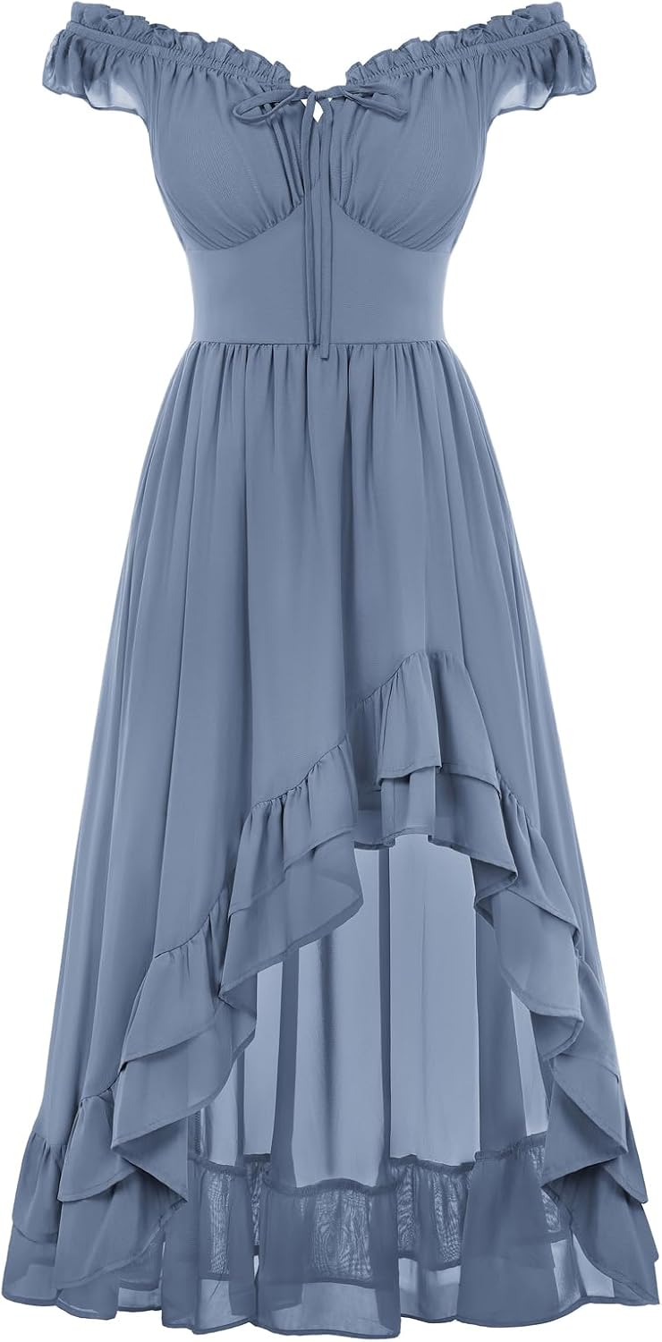 Off-Shoulder Chiffon Corset High-Low Dress in Gray Blue