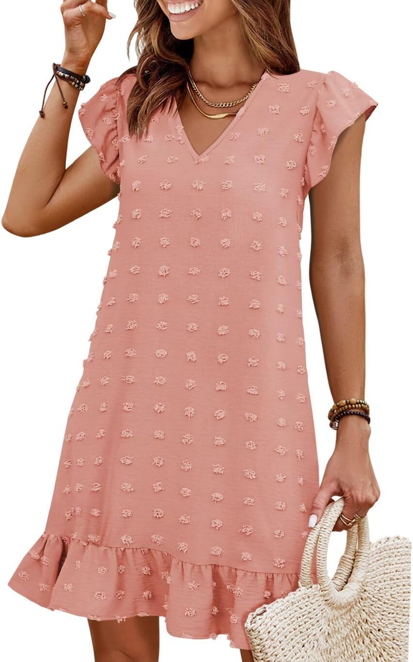 Flutter-Sleeve V-Neck Ruffle-Hem Mini Sundress in Pink