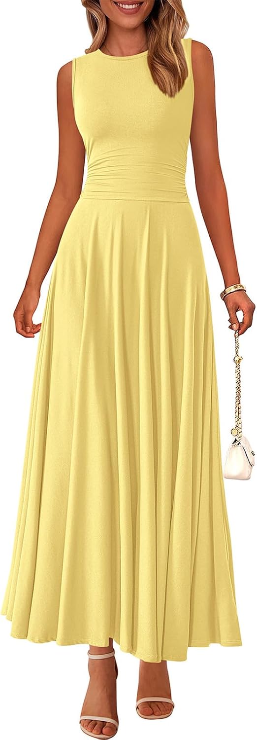 Rib Knit Crew-Neck Sleeveless A-Line Maxi Dress in Yellow