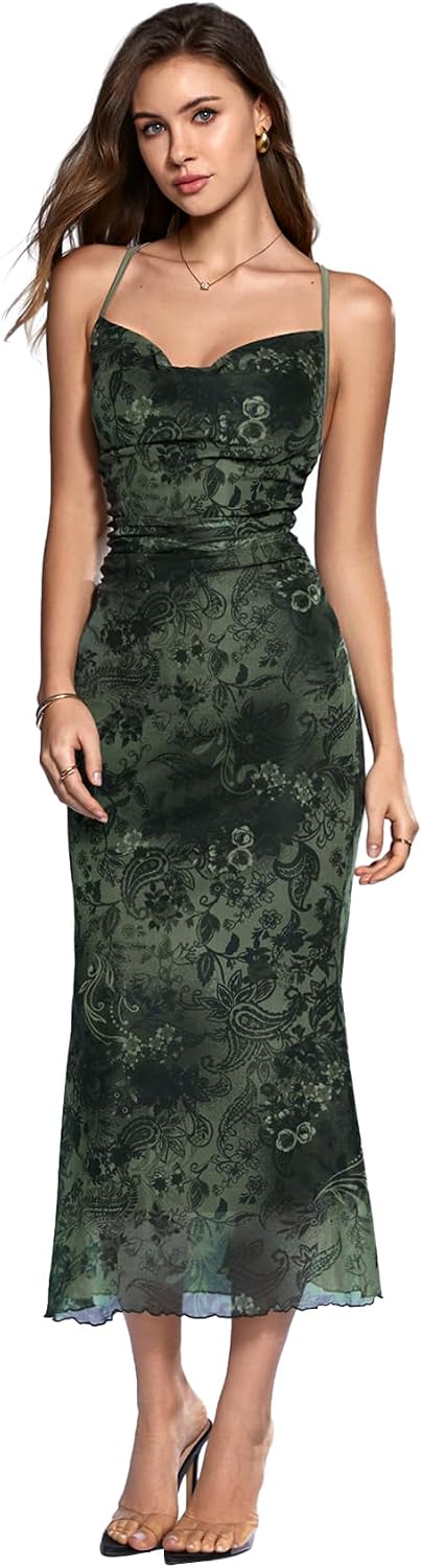 Floral Mesh Cowl-Neck Cami Maxi Dress in Green Floral
