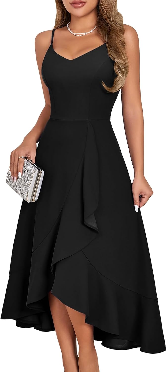 Ruffle High-Low Spaghetti Strap Cocktail Dress in Black