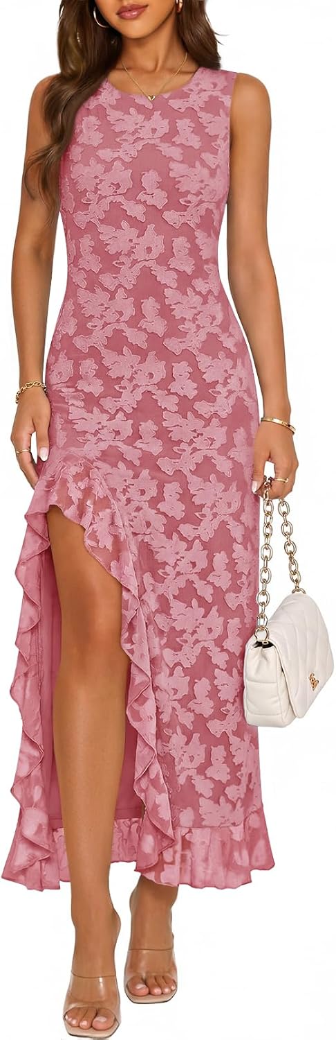 Floral Ruffle-Hem Sleeveless Maxi Dress in Dusty Pink