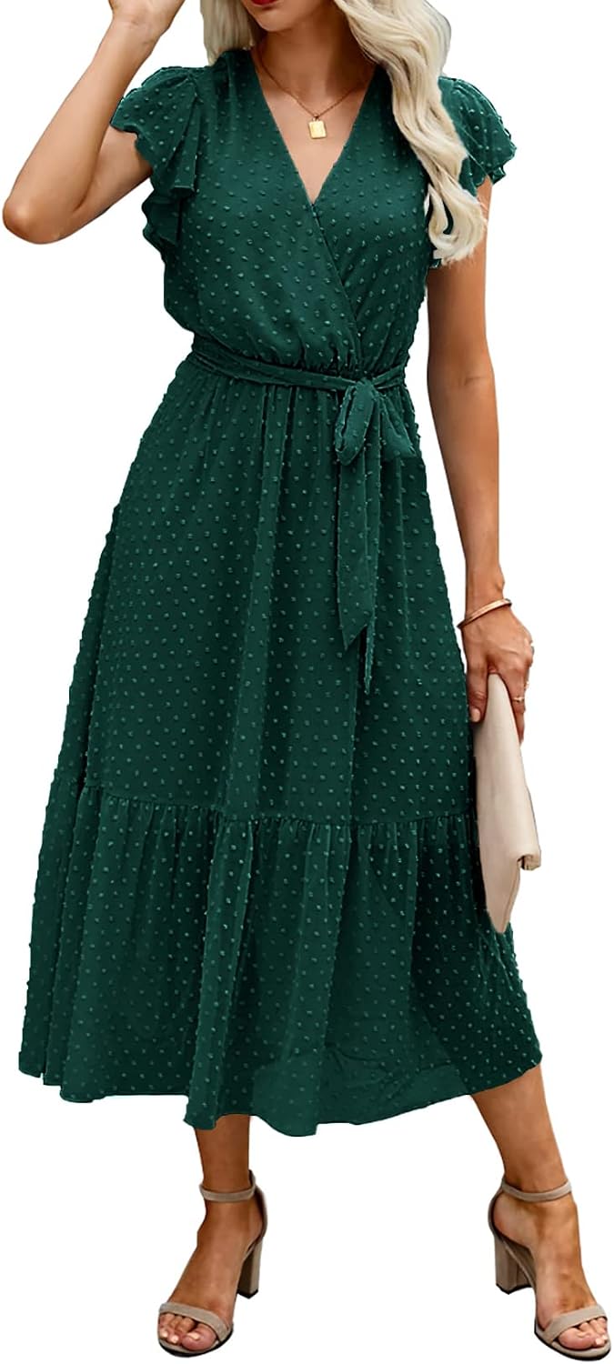 Swiss Dot Wrap V-Neck Belted Midi Dress in Swiss Dot Dark Green