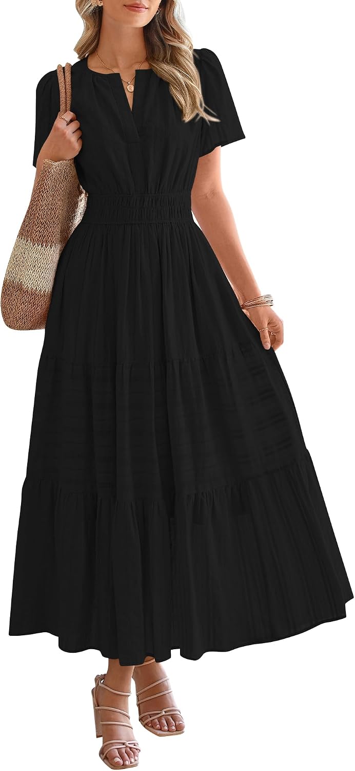 V-Neck Short-Sleeve Elastic-Waist Maxi Dress in Black