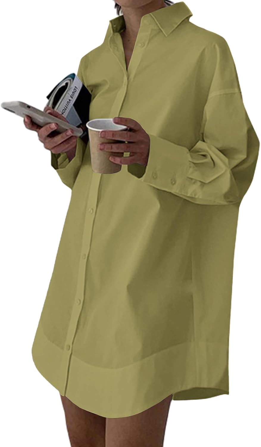 Collared V-Neck Long-Sleeve Button-Down Shirt Dress in Bean Green