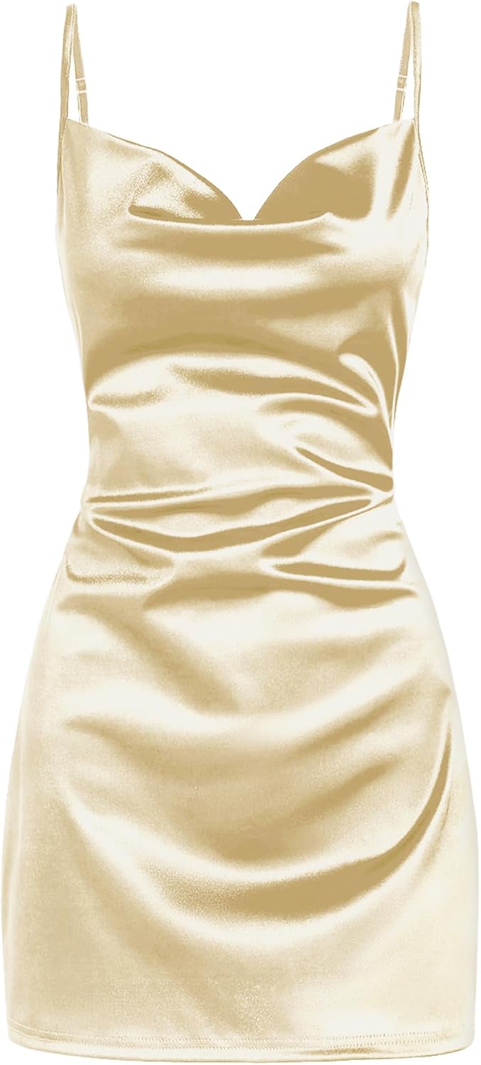 Satin Cowl-Neck Spaghetti Strap Slip Mini Dress in Gold