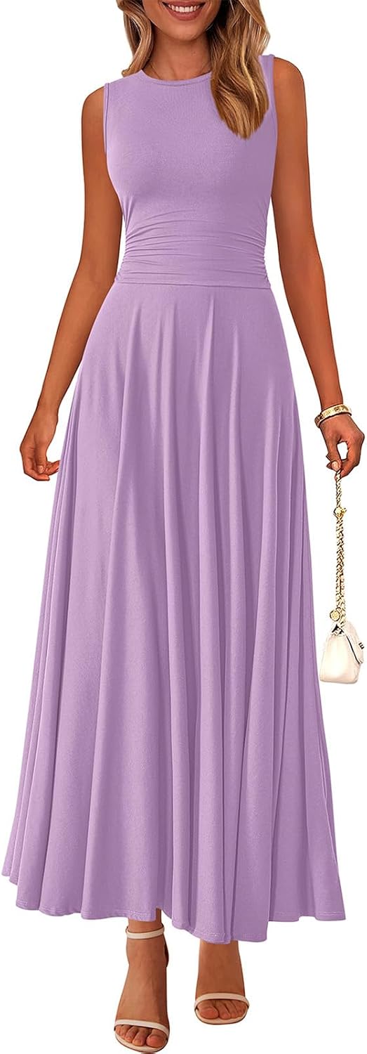 Rib Knit Crew-Neck Sleeveless A-Line Maxi Dress in Purple