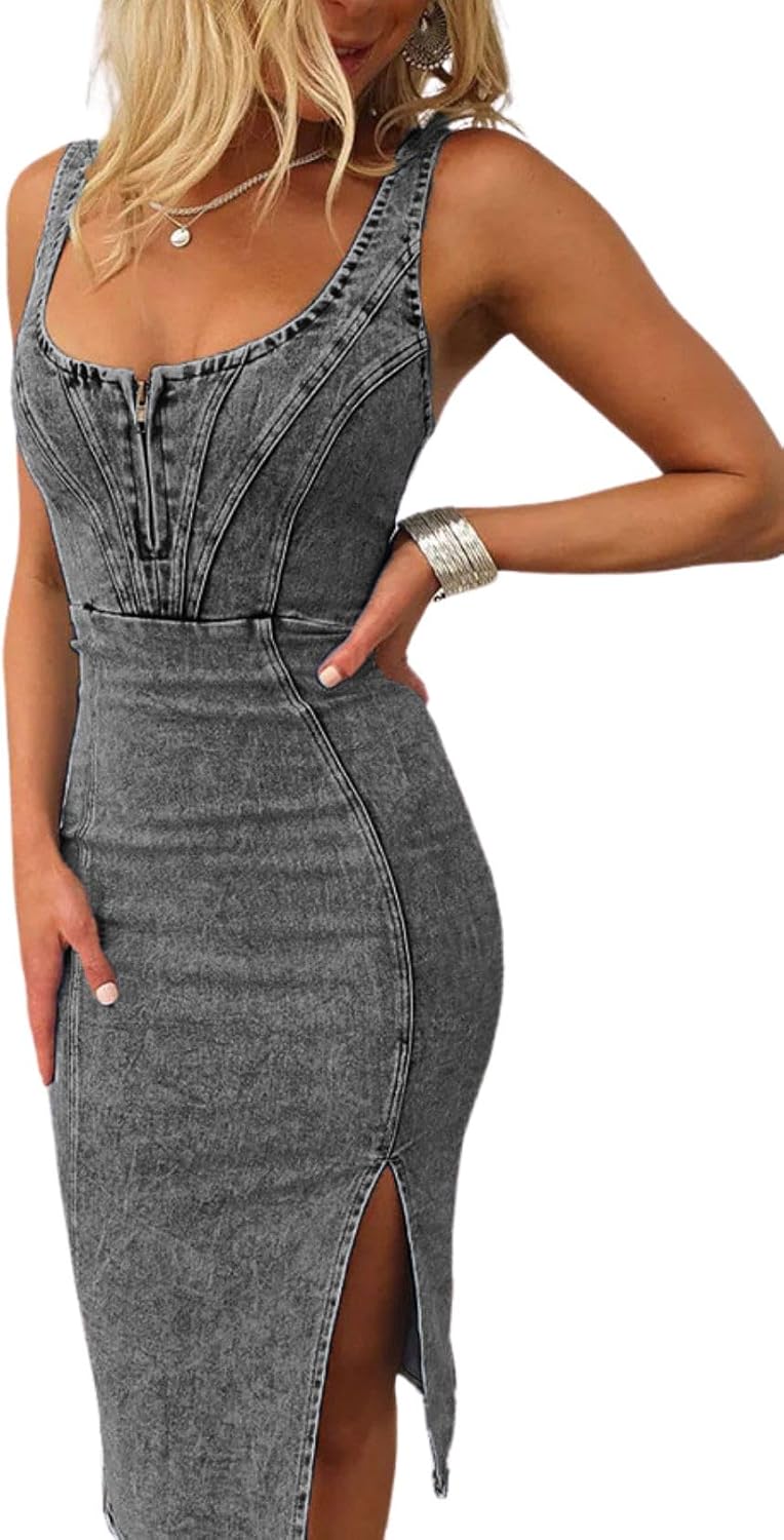 Sleeveless Denim Bodycon Midi Dress in Dark Grey