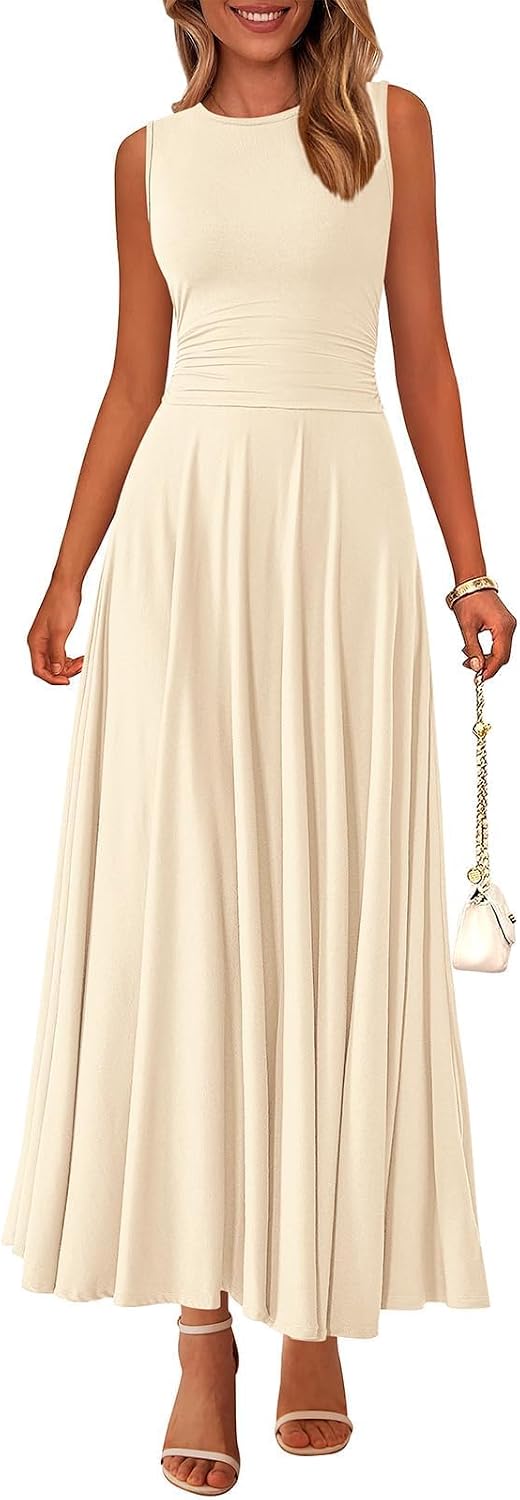 Rib Knit Crew-Neck Sleeveless A-Line Maxi Dress in Beige