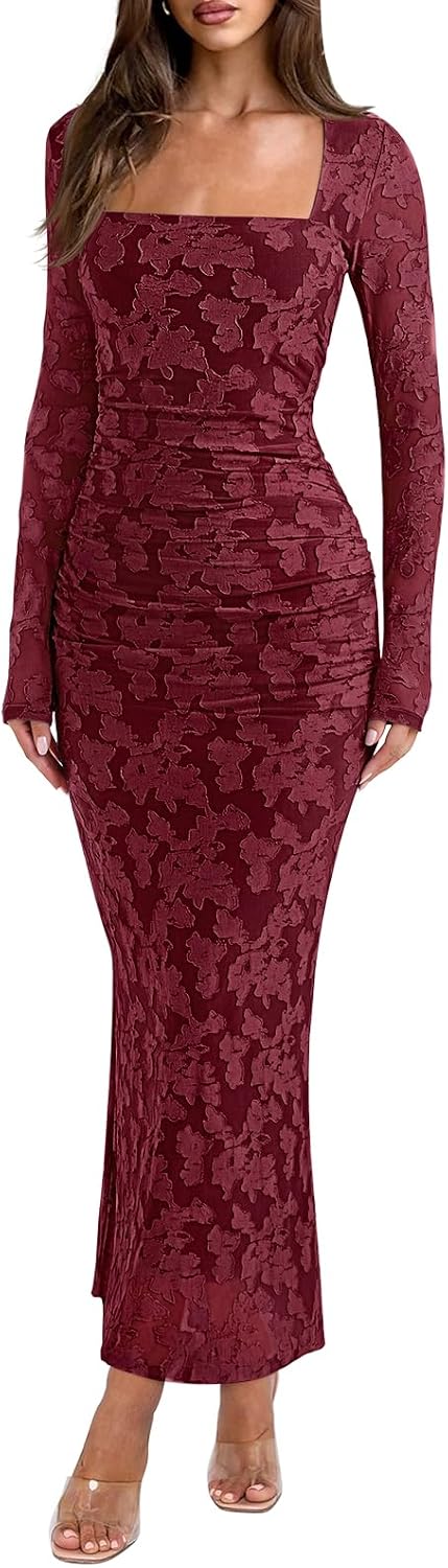 Sheer Mesh Square-Neck Long-Sleeve Ruched Maxi Dress in Burgundy Floral