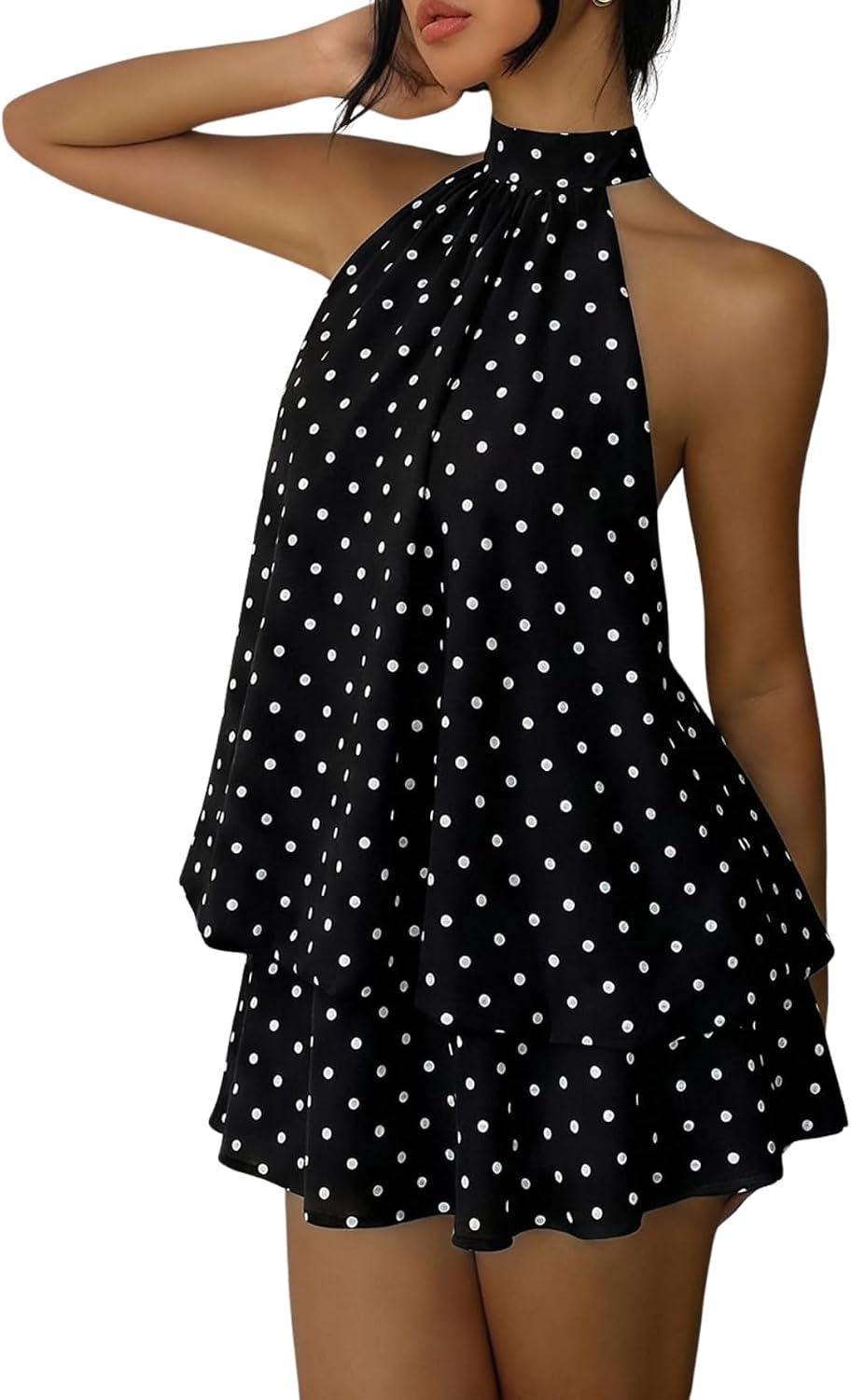 Chiffon Halter Drop-Waist Ruffle-Hem Mini Dress in Black and White