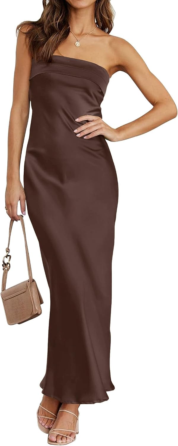 Satin Strapless Backless Bodycon Maxi Dress in Coffee