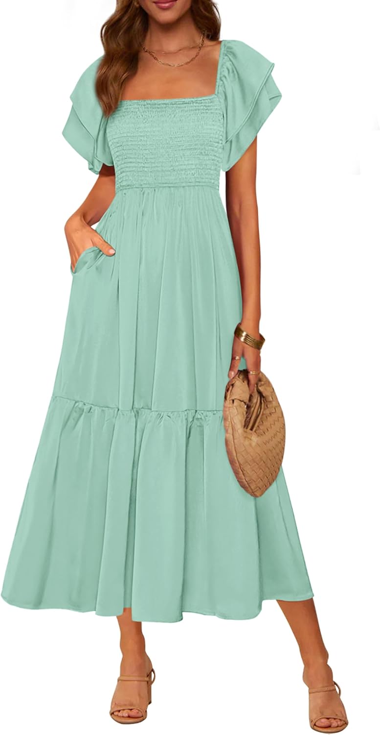 Smocked Square-Neck Ruffle-Sleeve Tiered Midi Dress in Sage Green