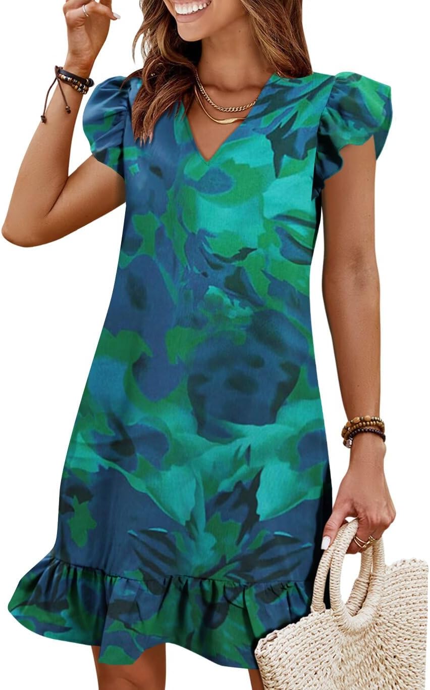 Flutter-Sleeve V-Neck Ruffle-Hem Mini Sundress in Tie Dye Green