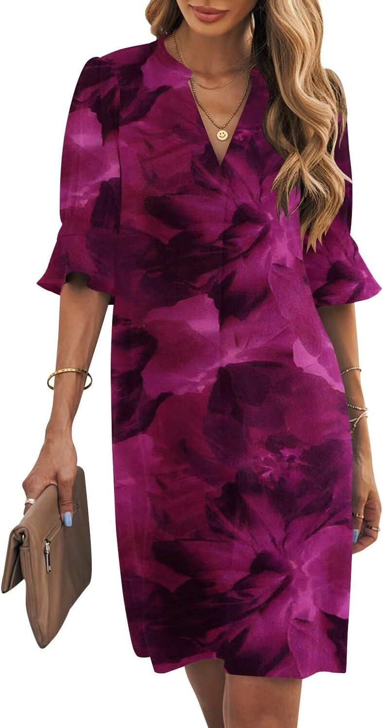Ruffle-Sleeve V-Neck Swing Shift Mini Dress in Purple Flower