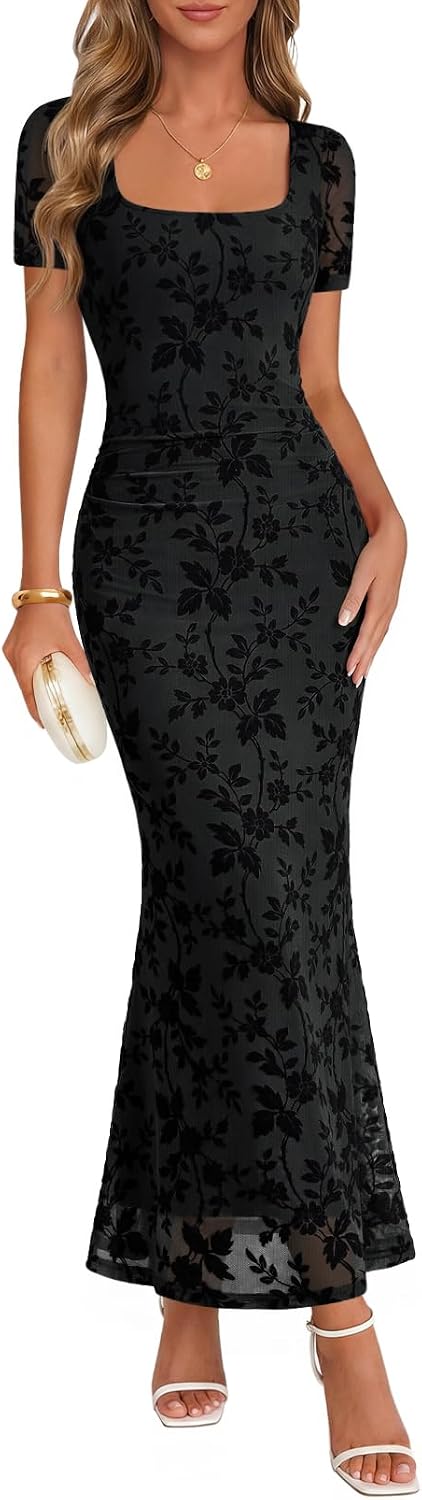 Floral Flocked Mesh Square-Neck Maxi Dress in Black