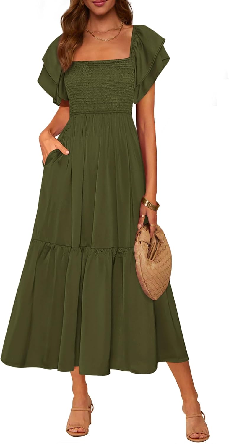 Smocked Square-Neck Ruffle-Sleeve Tiered Midi Dress in Army Green