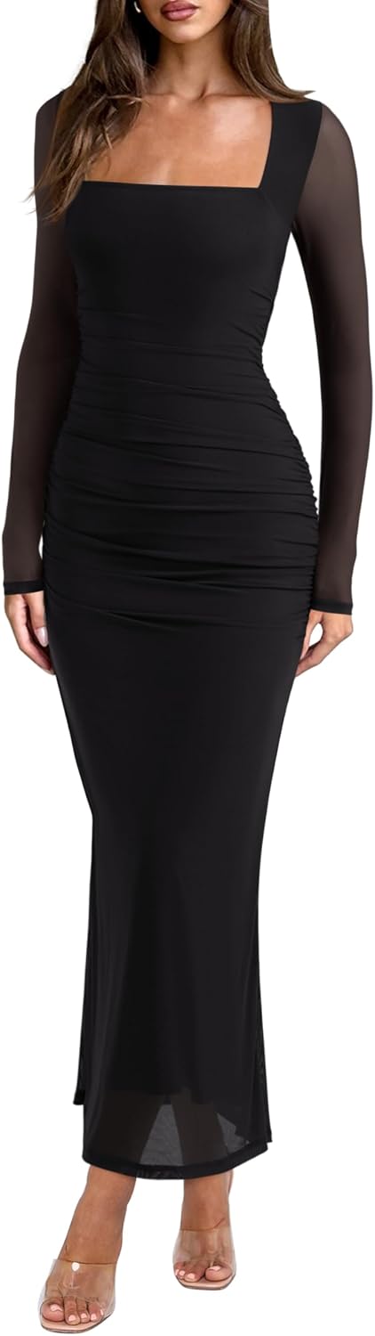 Sheer Mesh Square-Neck Long-Sleeve Ruched Maxi Dress in Black Onyx