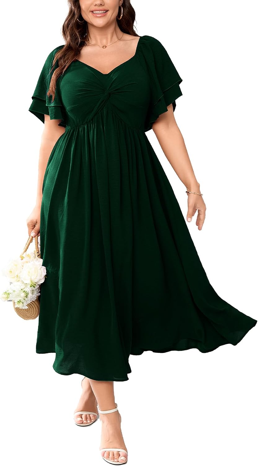 Plus Size Sweetheart Ruffle-Sleeve A-Line Maxi Dress in Emerald Green