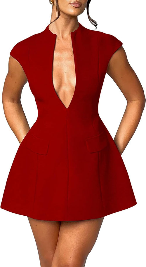 Deep V-Neck Cap-Sleeve Zip A-Line Mini Dress in Red