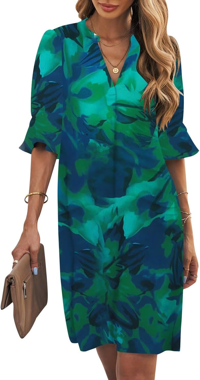 Ruffle-Sleeve V-Neck Swing Shift Mini Dress in Tie Dye Green