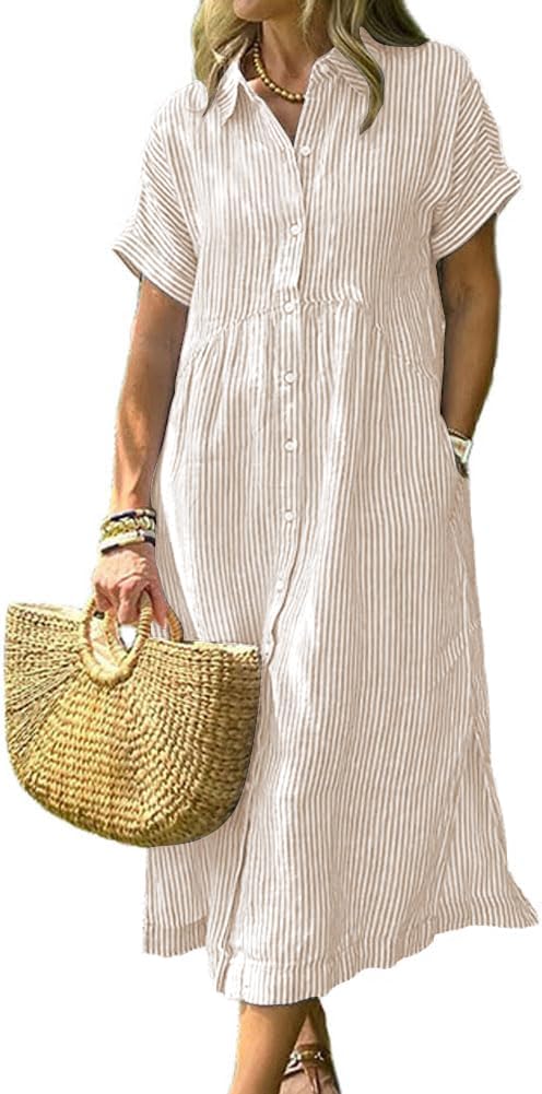 Striped Short-Sleeve Button-Down Midi Shirt Dress in Khaki