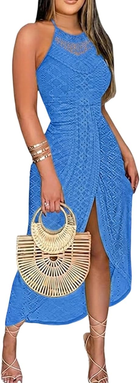 Eyelet Halter Cut-Out A-Line Dress in Blue