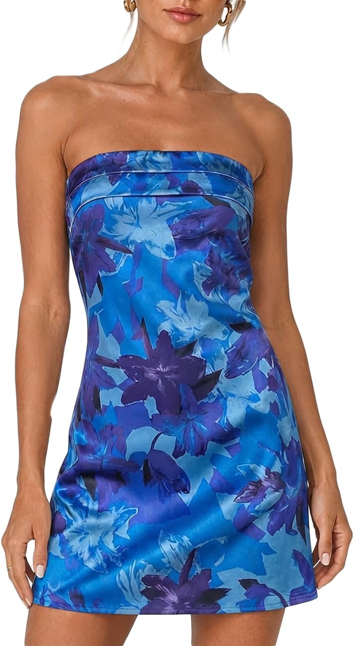 Satin Strapless Backless Tube Mini Dress in Lilies Blue