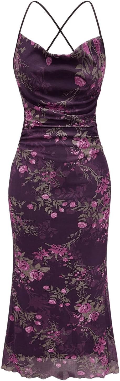 Floral Mesh Cowl-Neck Cami Maxi Dress in Purple Floral Printed