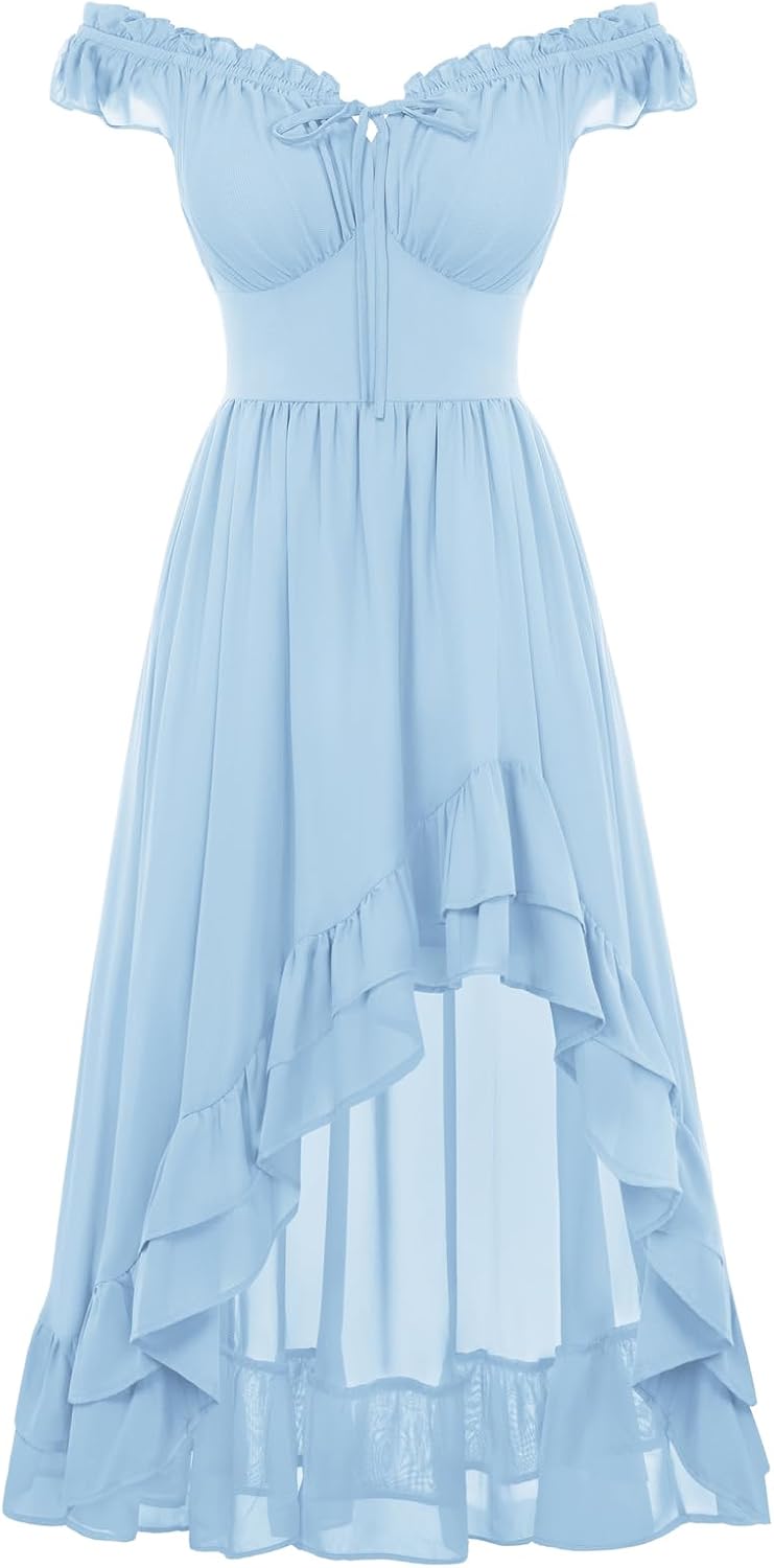 Off-Shoulder Chiffon Corset High-Low Dress in Light Blue