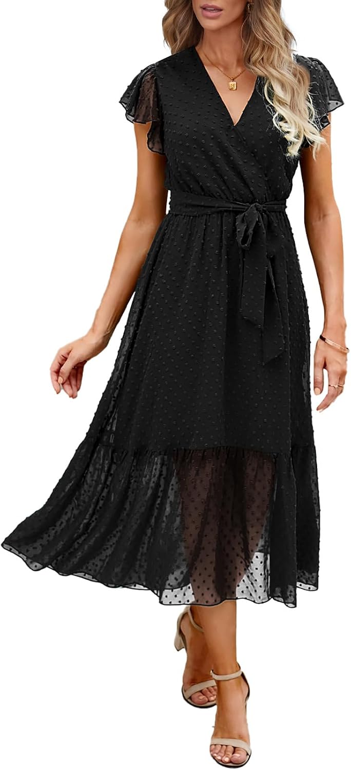 Swiss Dot Wrap V-Neck Belted Midi Dress in Swiss Dot Black
