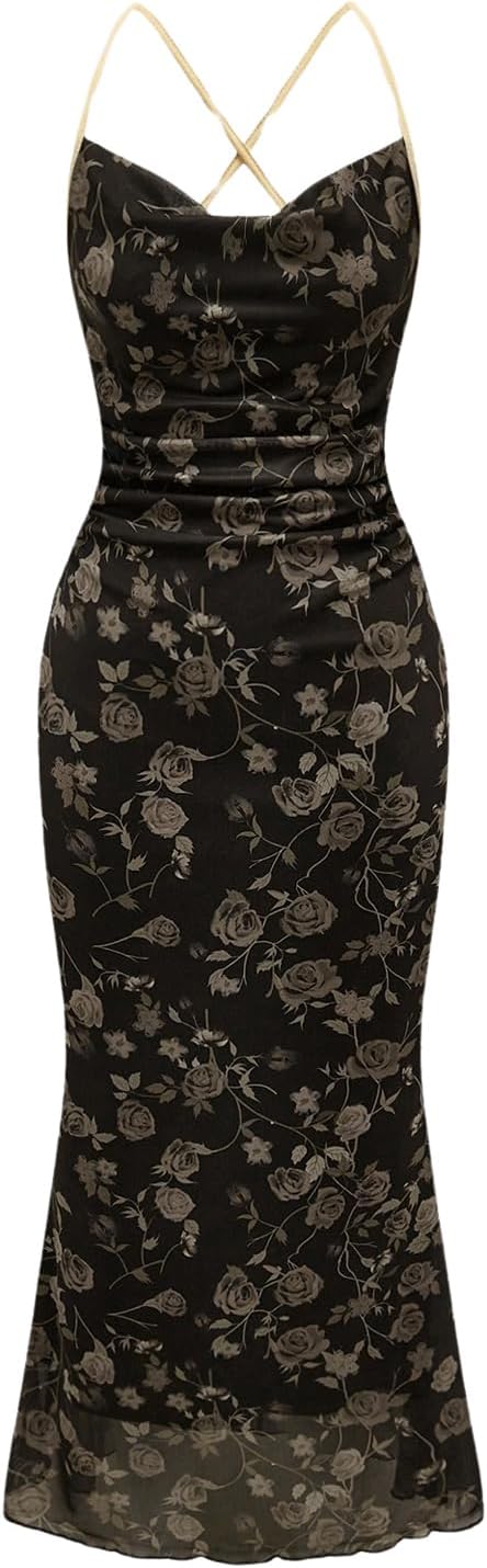 Floral Mesh Cowl-Neck Cami Maxi Dress in Black Floral Printed