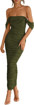 Off-Shoulder Ruched Mesh Maxi Dress with Back Slit in Army Green