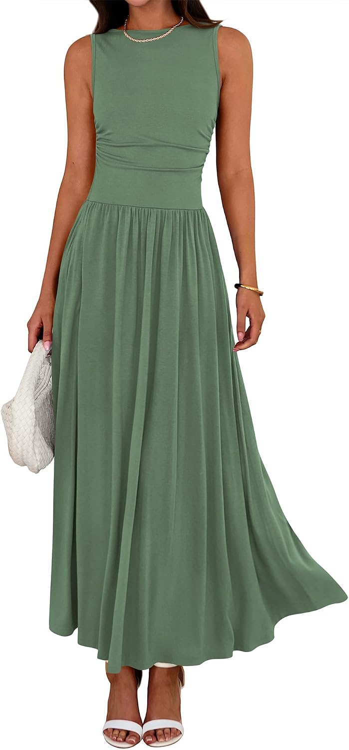 Crew-Neck Ruched Tank Maxi Dress in Bean Green