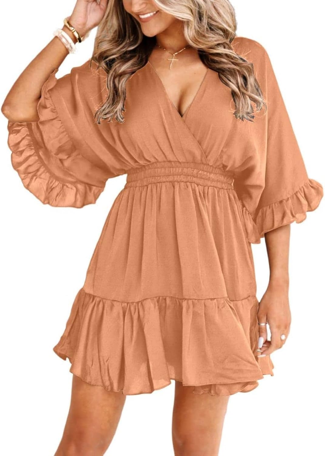 V-Neck Smocked-Waist Ruffle Mini Wrap Dress in Orange