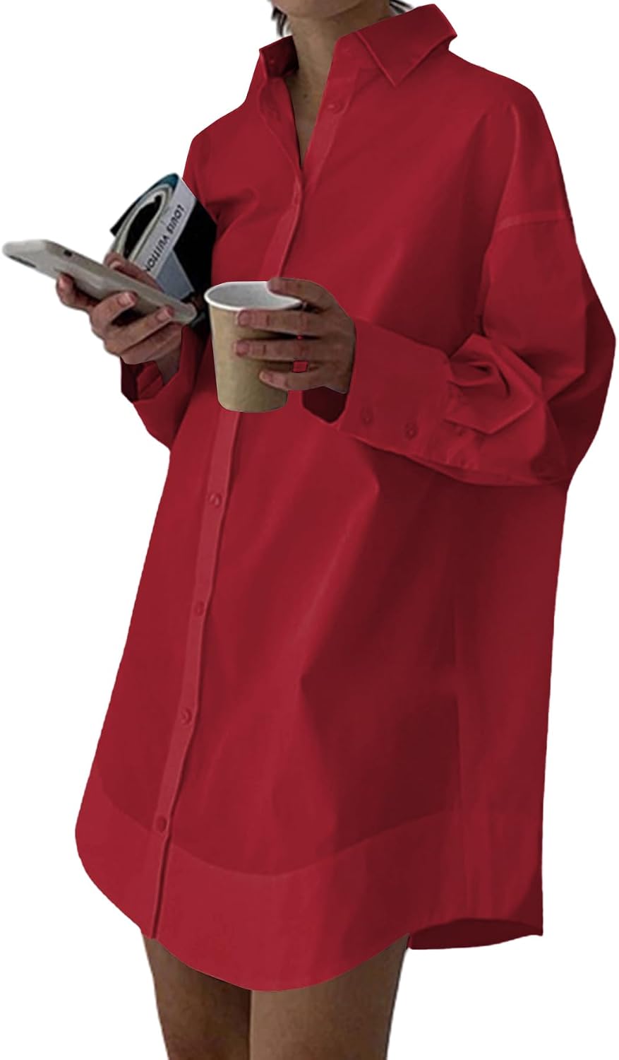 Collared V-Neck Long-Sleeve Button-Down Shirt Dress in Deep Red