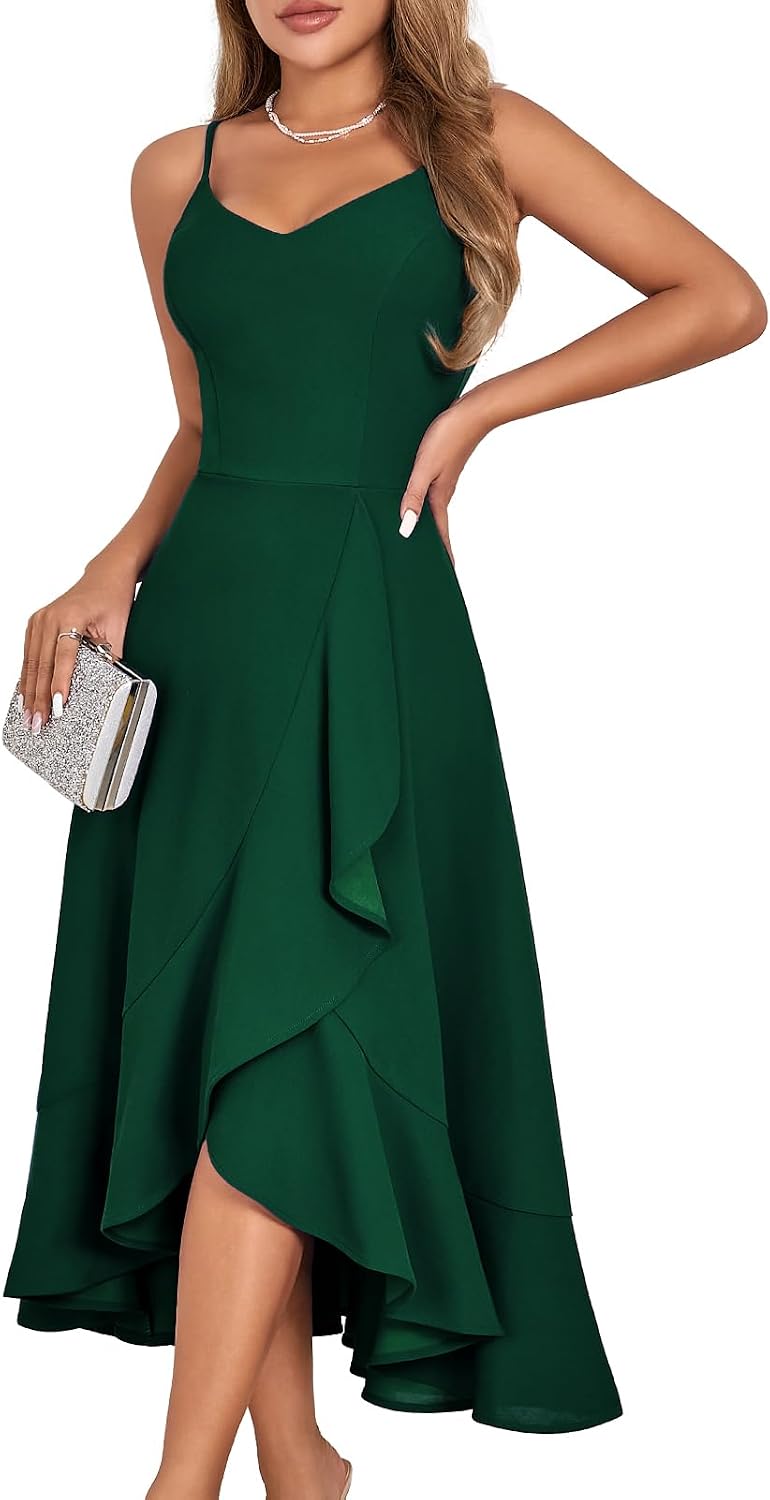 Ruffle High-Low Spaghetti Strap Cocktail Dress in Dark Green