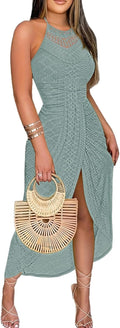 Eyelet Halter Cut-Out A-Line Dress in Green