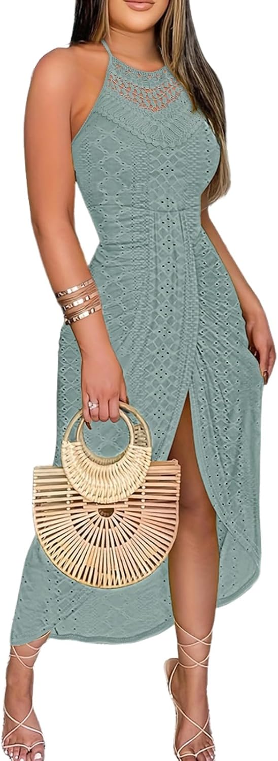 Eyelet Halter Cut-Out A-Line Dress in Green