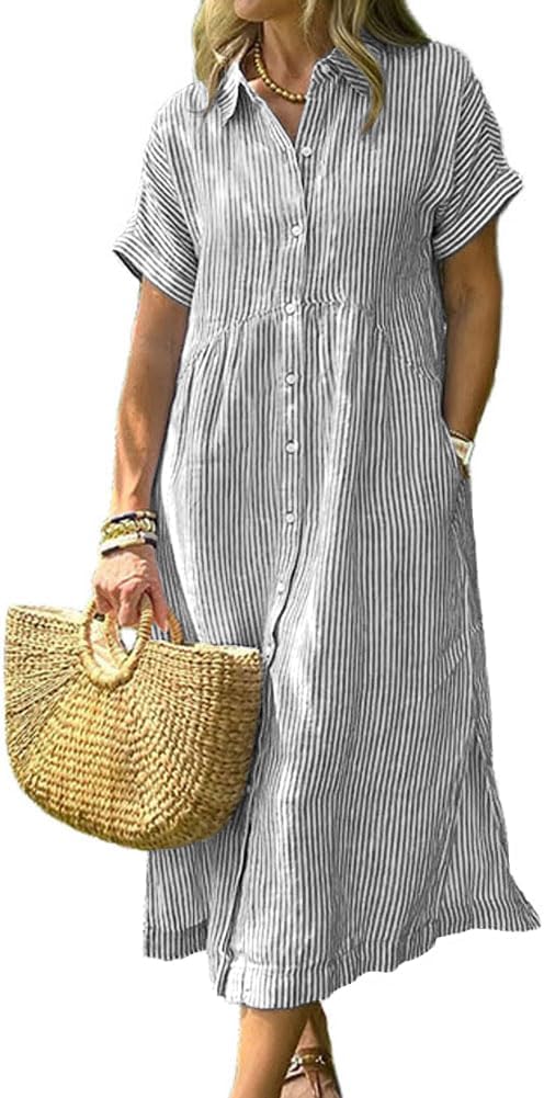 Striped Short-Sleeve Button-Down Midi Shirt Dress in Grey