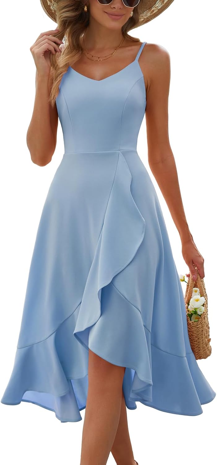 Ruffle High-Low Spaghetti Strap Cocktail Dress in Blue