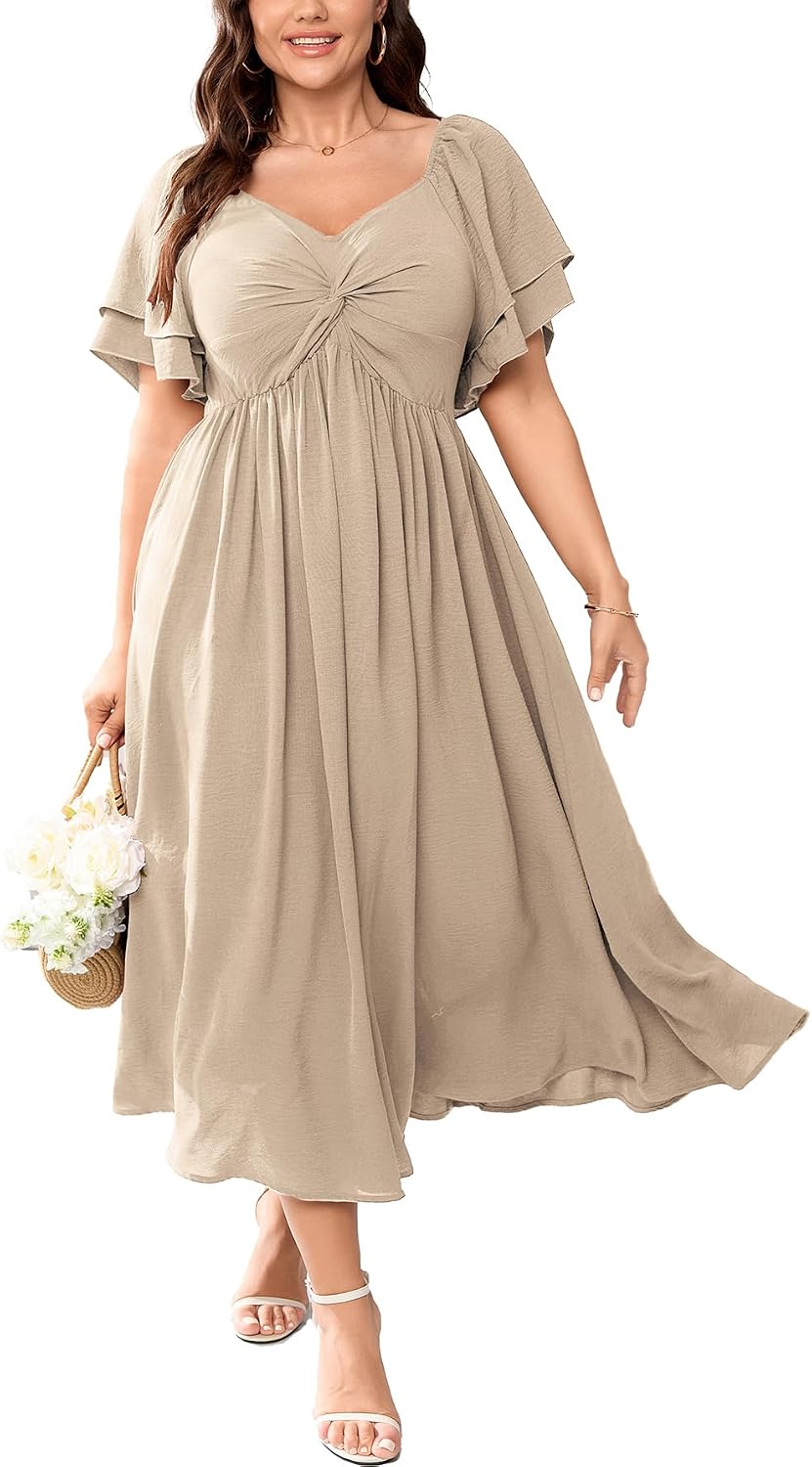 Plus Size Sweetheart Ruffle-Sleeve A-Line Maxi Dress in Beige