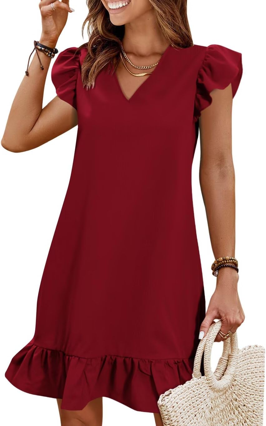 Flutter-Sleeve V-Neck Ruffle-Hem Mini Sundress in Red, style 01