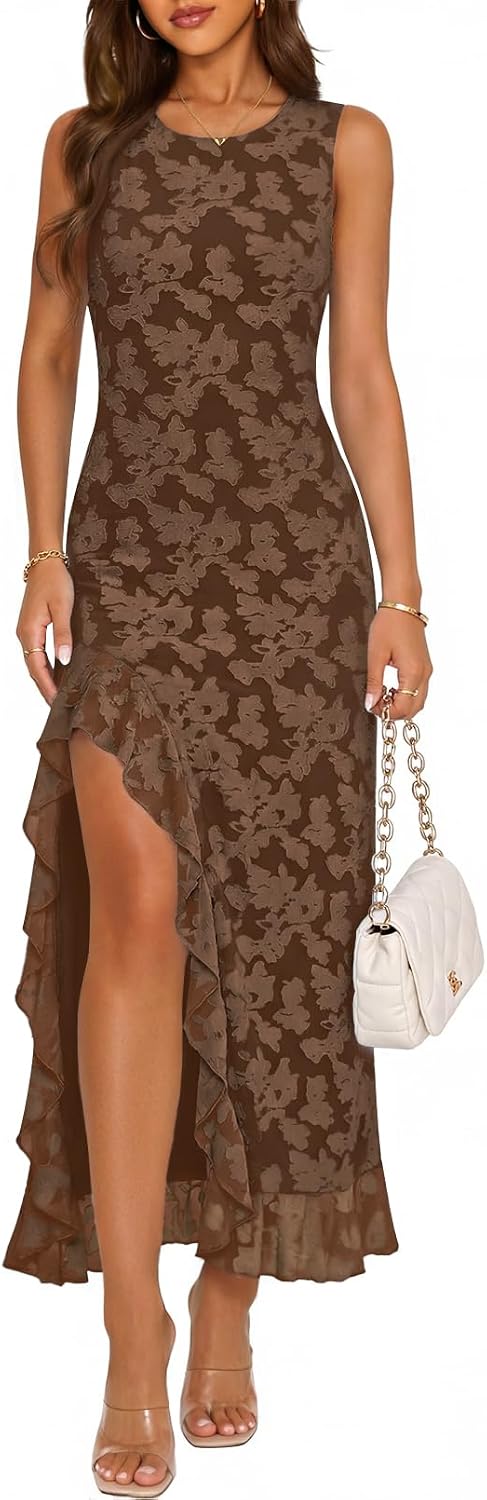 Floral Ruffle-Hem Sleeveless Maxi Dress in Brown